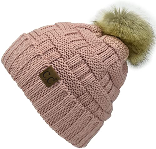 C.C Knit Beanie Hat – Fuzzy Fleece Lined Warm Winter Hat, Faux Fur Pom Soft Stretchy Slouchy Knit Cap, Cold Weather Beanie - color: Indi Pink