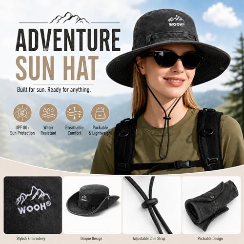 WOOH Sun Hats for Women,UPF80+ Wide Brim Summer Bucket Hat with Adjustable Drawstring,Packable Outdoor Hat for Beach Hiking - color: Black