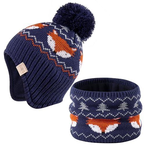 Beanie Knit Hats for Toddlers with Earflap Fleece Lined Hat Kids Warm Winter Hat Scarf Set Children's Thick Ski Cap - color: Fox-navy+scarf