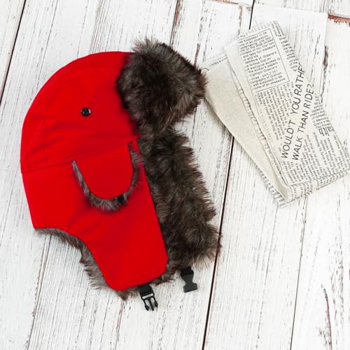 ONWAY Trapper Hat Winter Hats for Women Men with Faux Fur Ear Flaps - color: Solid Red