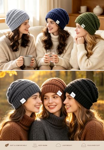 FEQO 6 Pack Satin Lined Beanies Slouchy Beanie Oversized Cable Knit Caps - color: Black, Dark Gray, Light Grey, Khaki, Army, Navy