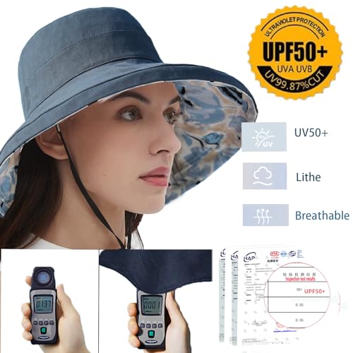 vidsel Womens Sun Hats Wide Brim Reversible Bucket Cotton Hat with Hat Clip - color: Navy Blue, size: Medium