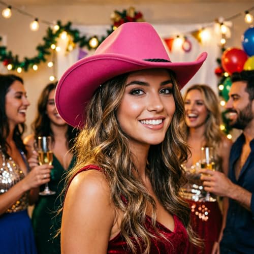 DRESHOW Western Cowboy Hat for Men Women Cowboy Cowgirl Hat Outdoor Wide Brim Retro Felt Fedora Hats Unisex Rolled up Caps - color: 1 Pack Style 9: Hot Pink With Braided Band