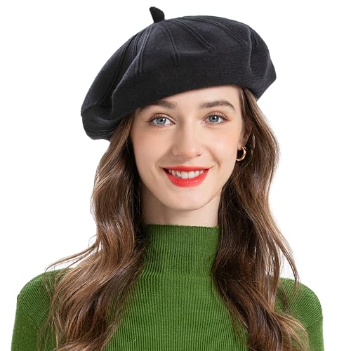 ZLYC Women French Beret Hat Reversible Solid Color Knit Warm Artist Cap - color: Black