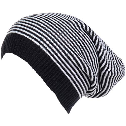 an Unisex Striped Knit Slouchy Beanie Hat Lightweight Soft Fashion Cap - color: Black White