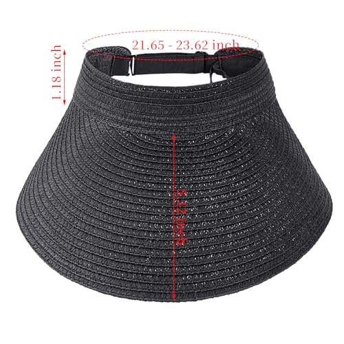Straw Sun Visors Womens, Ponytail Beach Straw Visor, Packable Summer Sun Hats for Women Travel - color: Black
