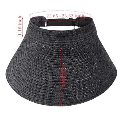 Straw Sun Visors Womens, Ponytail Beach Straw Visor, Packable Summer Sun Hats for Women Travel - color: Black