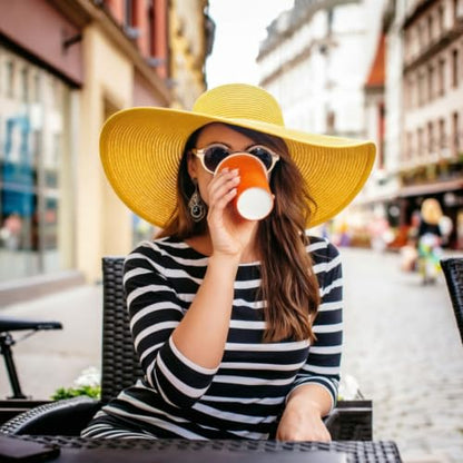 DRESHOW Big Straw Sun Hats for Women Floppy Foldable Roll up Beach Cap Sun Hat UPF 50+ Vacation Honeymoon Embroidered Hat - color: Medium Size: Yellow / Brim 5.5" (Head Circumference 22-22.8")