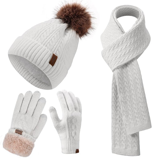 Winter Hat Scarf Gloves Set for Women, Classic Cable Beanie with Removable Pom Pom Long Scarf Touchscreen Gloves 3 in 1 Set - color: White