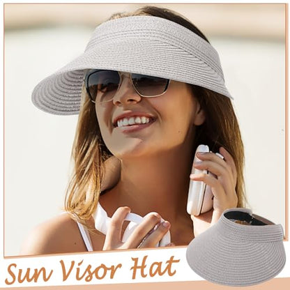 Chicingyou Sun Visor Hat for Women Wide Brim Straw Visors Beach Hat Ponytail UV UPF Packable Foldable Travel - color: Grey