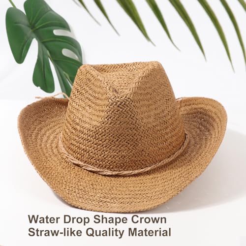 DRESHOW Straw Cowboy Cowgirl Hat for Women Men Western Coastal Cowboy Beach Hat with Shapeable Brim Unisex Rolled up Caps - color: 1 Pack Straw Woven Hat: Khaki