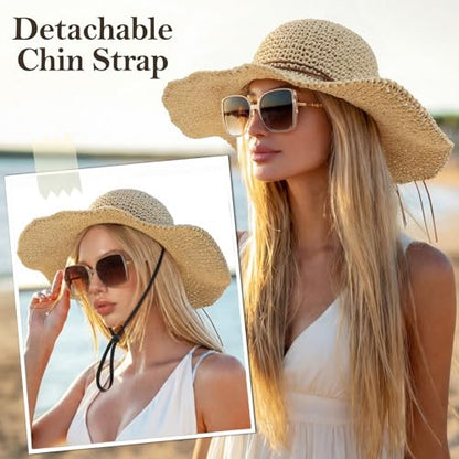 Beach Sun Straw Hats for Women Floppy Wide Brim UV Packable Summer - color: Beige