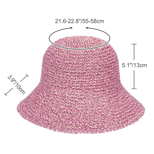 Womens Sun Hat Handmade Crochet Straw Bucket for Summer Foldable Travel Cap - color: Beige & Rose
