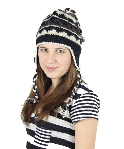 Nepal Hand Knit Ear Flaps Beanie Skull Ski 100% Wool Fleeced Hat/Cap - color: Natural