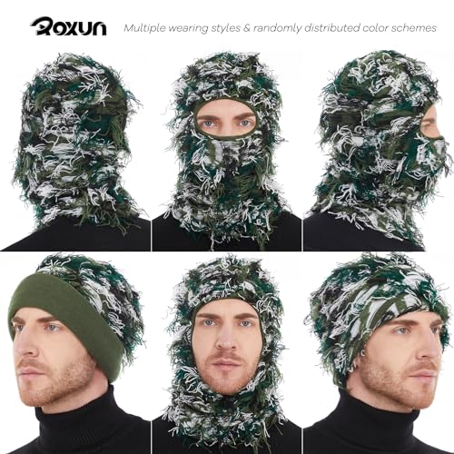 ROXUN Distressed Ski Mask Balaclava, Yeat Shiesty Fluffy Knitted Full Face - color: 01- Green Mixed