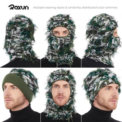 ROXUN Distressed Ski Mask Balaclava, Yeat Shiesty Fluffy Knitted Full Face - color: 01- Green Mixed