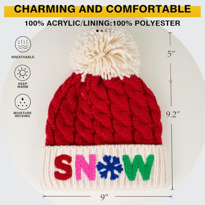 Christmas Merry Beanie for Women Winter Crochet Hat Chunky Cable Knit Pompom Santa Hat - color: Red-snow