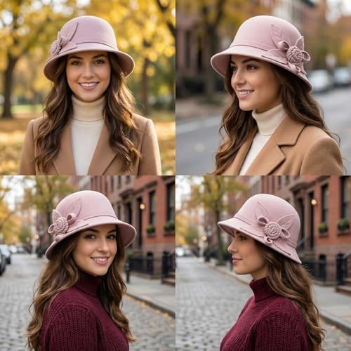 Woolen Cloche Hat for Women, Flower Winter Warm Bucket Cap - color: Pink