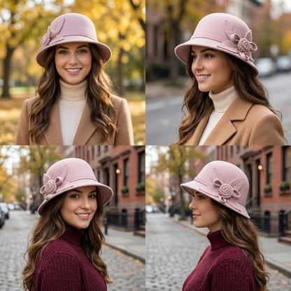 Woolen Cloche Hat for Women, Flower Winter Warm Bucket Cap - color: Pink