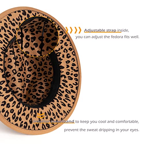 Women Two Tone Wide Brim Fedora Felt Panama Hat - color: Camel/Leopard