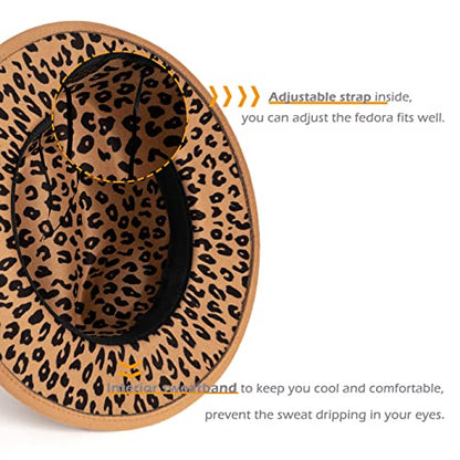 Women Two Tone Wide Brim Fedora Felt Panama Hat - color: Camel/Leopard