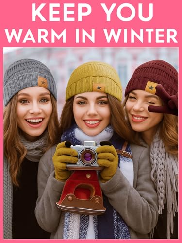 JaGely 8 Pieces Women Winter Hats and Gloves Set Women Warm Touchscreen Knitted Lined Gloves Winter Beanies - color: Grey, Turmeric, White, Maroon