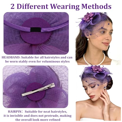 Semato Fascinators Hats for Women Mesh Feathers Elegant Purple Tea Party Kentucky Hat Derby Headband with Hair Clip - color: Purple