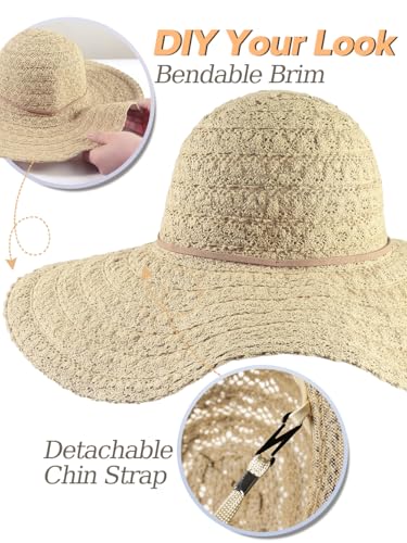 Sun Beach Hats for Women Summer Floppy Wide Brim Sunhat Packable Foldable Lace Travel Vacation - color: Khaki, size: Medium