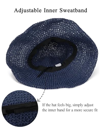 Womens Crochet Straw Sun Hat Foldable Floppy Wide Brim Beach Hat for Summer - color: Dark Blue