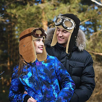 JaGely 4 Pcs Pilot Hat and Goggles Flight Costume Accessories Pilot Helmet Cap with Ear Flaps Hat Adults Winter - color: Black and Khaki, style: Classic