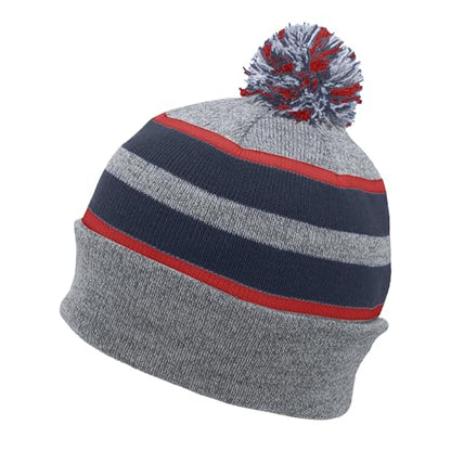 Pacific Headwear Unisex Adult Pacific Headwear Knit Fold Over Pom-pom Beanie - color: Heather/Navy/Red, size: One Size