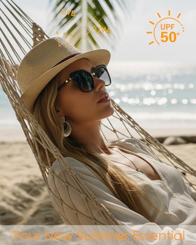 Straw Sun Hat for Men Women Short Brim Beach Trilby Hat UPF 50+ - color: Brown Belt Beige