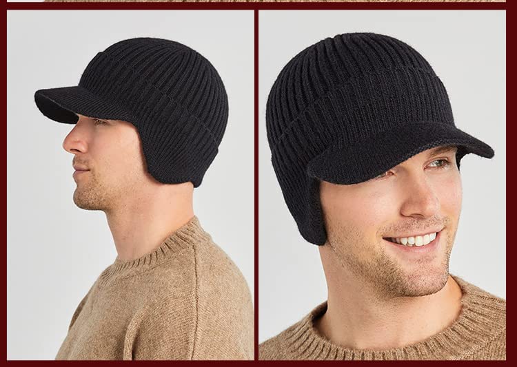 Men Earflap Beanie Knitted Lined Skullies Baseball Cap Windproof Neck Warmer - color: Black