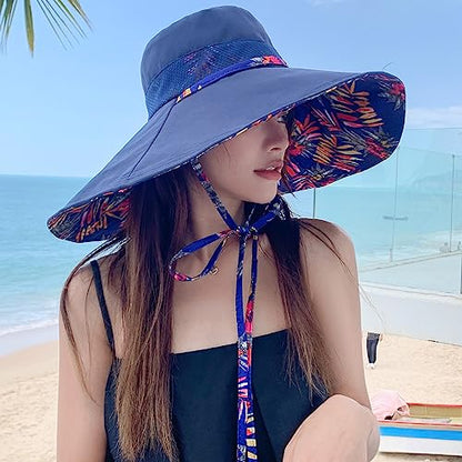 6" Extra Wide Brim Sun Hats UPF 50+ UV Protection Packable Beach Hat Strap Women - color: Navy