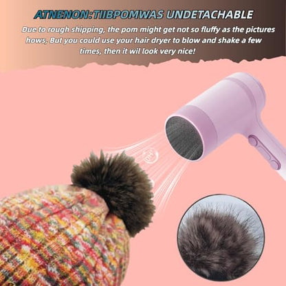 FENELY Women's Knitted Warm Beanie Winter Hat, Warm Chunky Snow Hat with Pompom - color: Colourfulspacedye