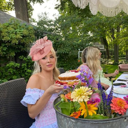 AQOKKA Women Fascinators Hats Flower Mesh Feathers Headband Clip - color: 1 Pc Feather Fascinators : Blush Pink