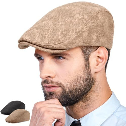 LADYBRO 2-Pack Unisex Flat Cap Newsboy Hats for Men Women Casual Adjustable - color: Black+khaki