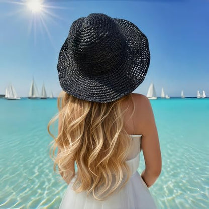 Floppy Big Beach Straw Hats for Women Foldable Summer Wide Brim Packable Sun Hat Womens Travel Straw Fedora Hat - color: Black-4