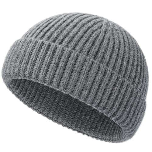 ROYBENS 100% Merino Wool Short Fisherman Beanie for Men Knit Winter Hat - color: 1pcs-gray