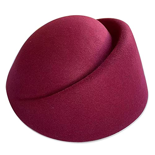 YING LAN Women Wool Cap Stewardess Pillbox Hat Fascinator Base - color: Wine Red