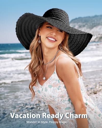 Sun Beach Hats Women Floppy Summer Sunhat with Wide Brim Packable Foldable Travel Accessories - color: Black, size: Large