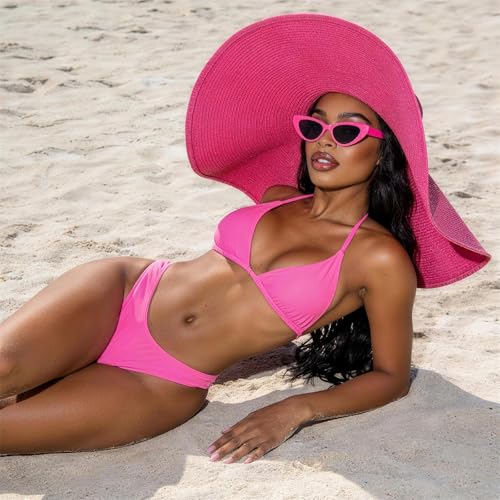 Barelove Sun Straw Hat Wide Brim Shape Hat with UPF 80+, Packable Foldable Floppy Summer Beach Hat for Women Men - color: Rose