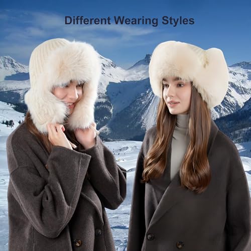 Women Winter Trapper Hat Ushanka Warm Sherpa Beanie Knit Ear Flap - color: Knitting Beige