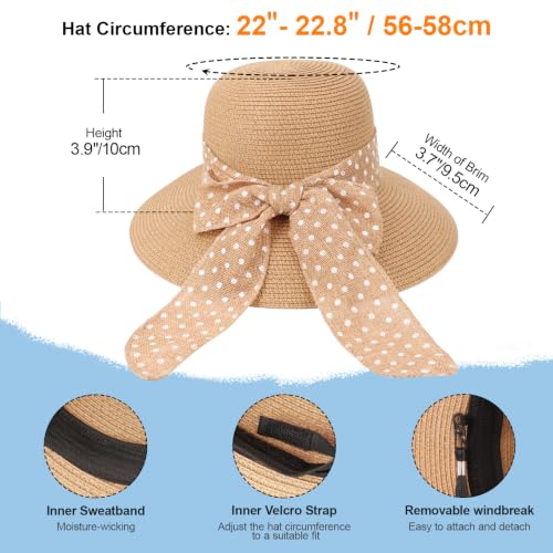 DRESHOW Sun Hats for Women Summer Wide Brim Beach Straw Hat Bowknot Bucket Hats Foldable Floppy Beach Sun Hat UPF 50+ - color: 1 Pack Polka Dot Bowknot Ribbon Hat: Khaki