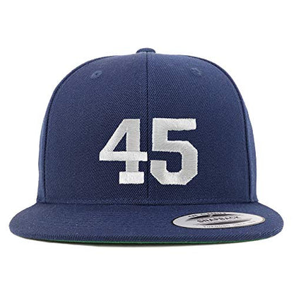 Trendy Apparel Shop Number 45 White Thread Embroidered Flat Bill Snapback Baseball Cap - color: Navy