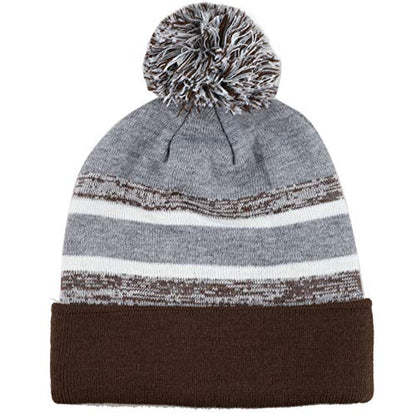 Winter Knit Beanie Hat with Pom Pom – Warm Cuffed Slouch Ski Cap for Men & Women - color: 1.brown and Grey With Pom