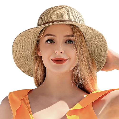 Tavaleu Sun Beach Hats for Women Wide Brim Straw Hats Foldable Summer Hat - color: 9cm-khaki Strap
