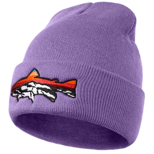 Knit Winter Beanie Hats for Men Women Cuffed Skull Cap with Mountain Embroidery Outdoor Christmas & New Year Gifts - color: Fish/Lavender
