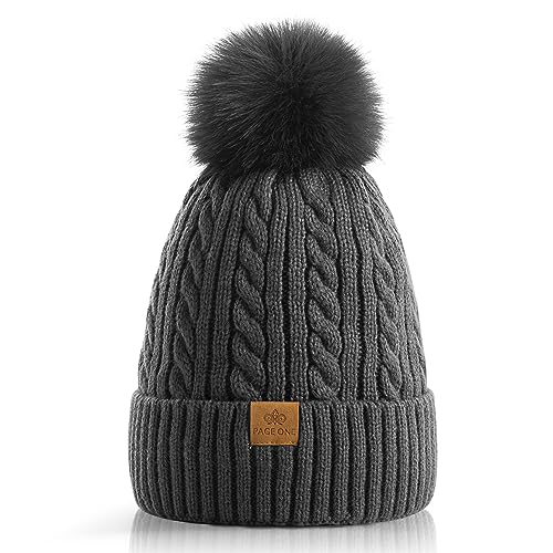 PAGE ONE Women Winter Pom Pom Beanie Hats Warm Fleece Lined Knit Hat Chunky Trendy Cute Cap - color: Dark Grey-1