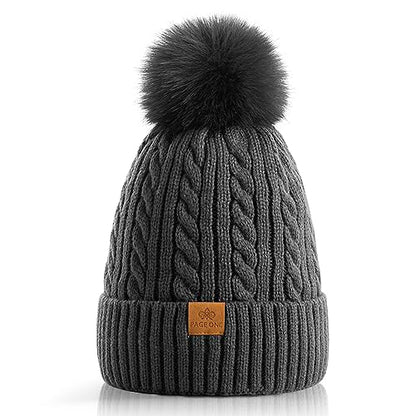 PAGE ONE Women Winter Pom Pom Beanie Hats Warm Fleece Lined Knit Hat Chunky Trendy Cute Cap - color: Dark Grey-1